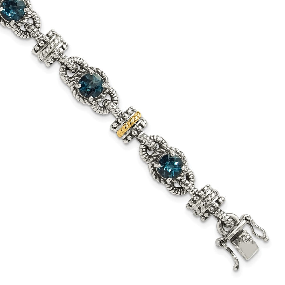 Shey Couture Sterling Silver with 14K Accent 7.25 Inch Antiqued Round London Blue Topaz Bracelet, 5.4 ct, 7.5 x 10 mm