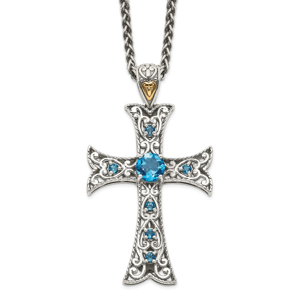 Shey Couture Sterling Silver with 14K Accent 18 Inch Antiqued Round London Blue Topaz Cross Necklace, 1.98 ct, 18 mm