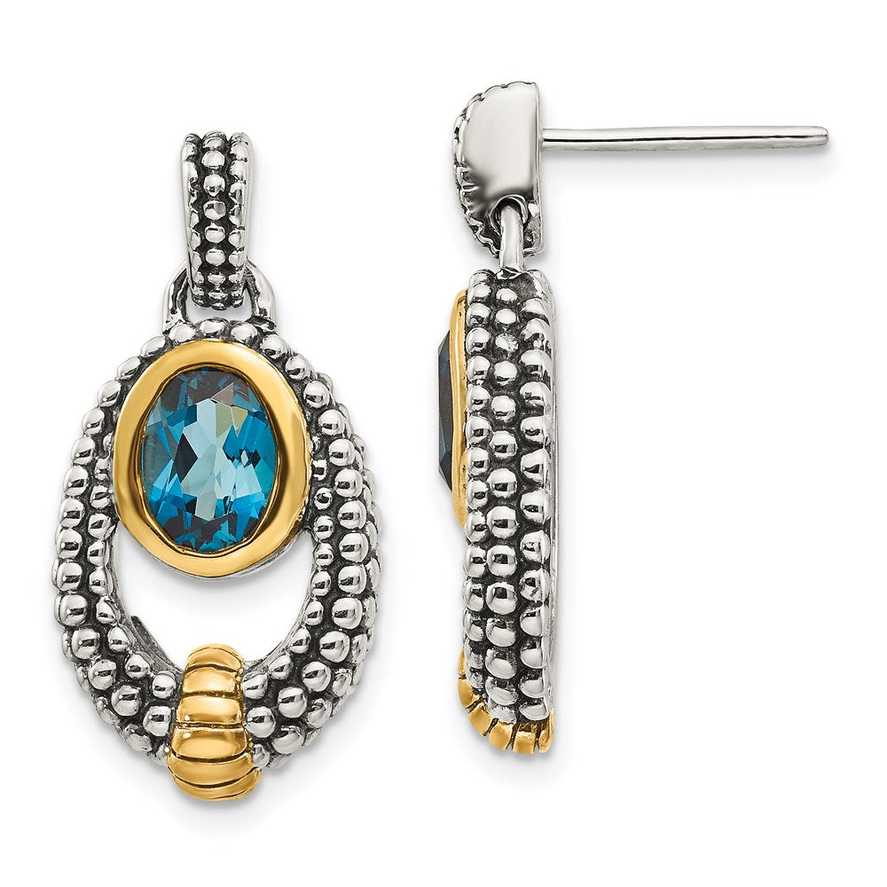 Shey Couture Sterling Silver Gold-tone Flash Gold-plated Antiqued Oval Bezel London Blue Topaz Post Dangle Earrings, 2 ct, 25 x 14 mm