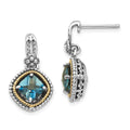 Shey Couture Sterling Silver with 14K Accent Antiqued Cushion London Blue Topaz Post Dangle Earrings, 2.6 ct, 23 x 13 mm