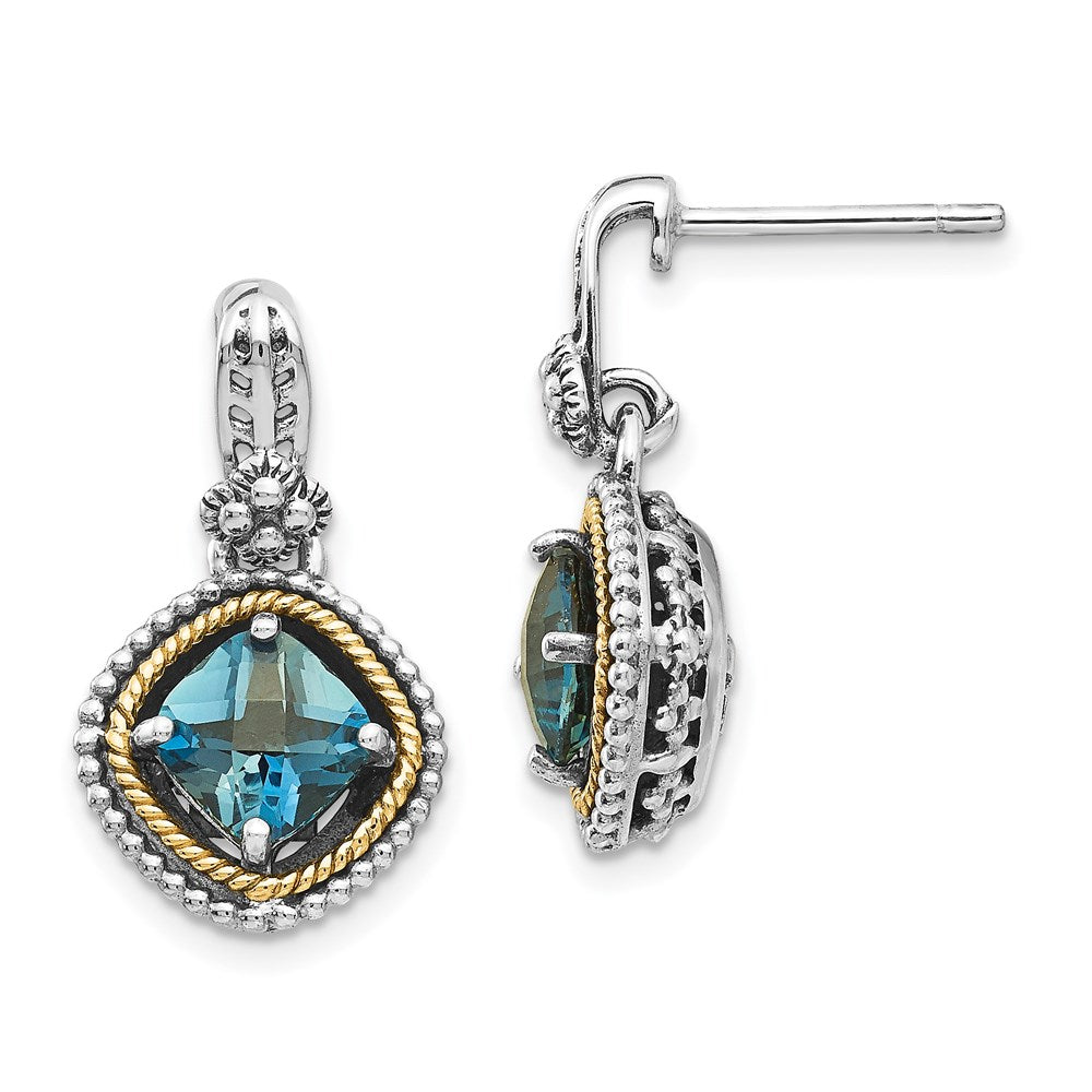 Shey Couture Sterling Silver with 14K Accent Antiqued Cushion London Blue Topaz Post Dangle Earrings, 2.6 ct, 23 x 13 mm