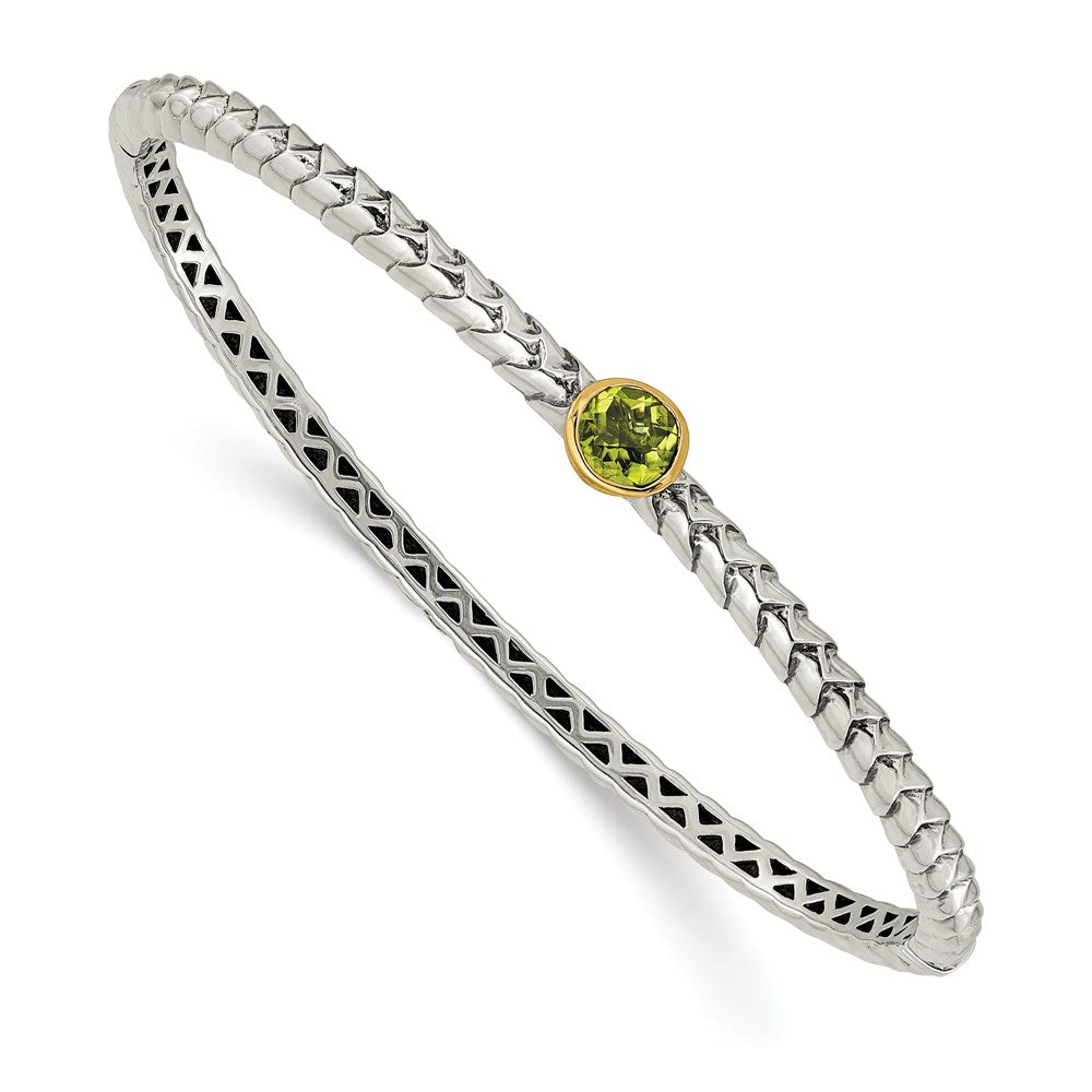 Shey Couture Sterling Silver with 14K Accent Peridot Round Bezel Hinged Bangle Bracelet, 0.97 ct, 7.25 x 6 mm
