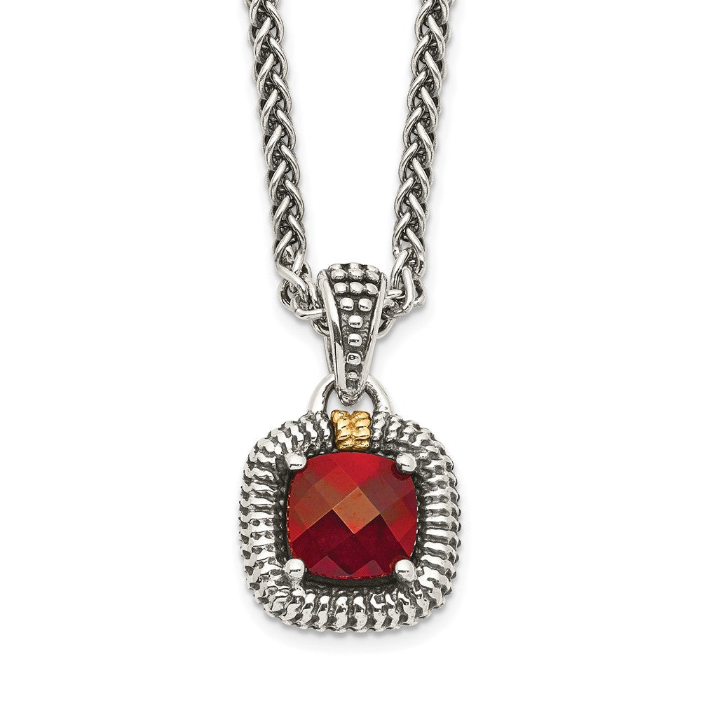 Shey Couture Sterling Silver with 14K Accent 18 Inch Antiqued Checkerboard Bezel Garnet Necklace, 1.3 ct, 18 mm