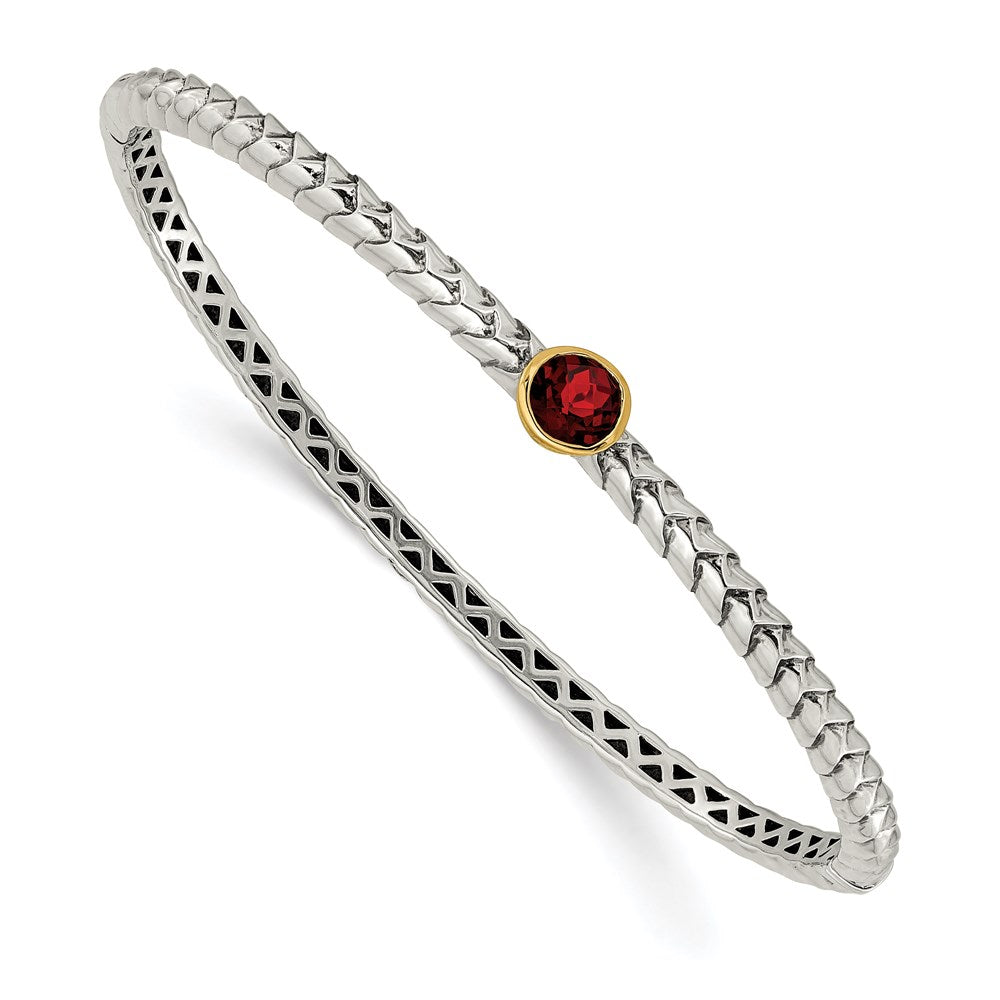Shey Couture Sterling Silver with 14K Accent Antiqued Round Bezel Garnet Bangle Bracelet, 1.12 ct, 6 mm