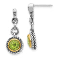 Shey Couture Sterling Silver Gold-tone Flash Gold-plated Antiqued Round Bezel Peridot Post Dangle Earrings, 1.9 ct, 23 x 10 mm