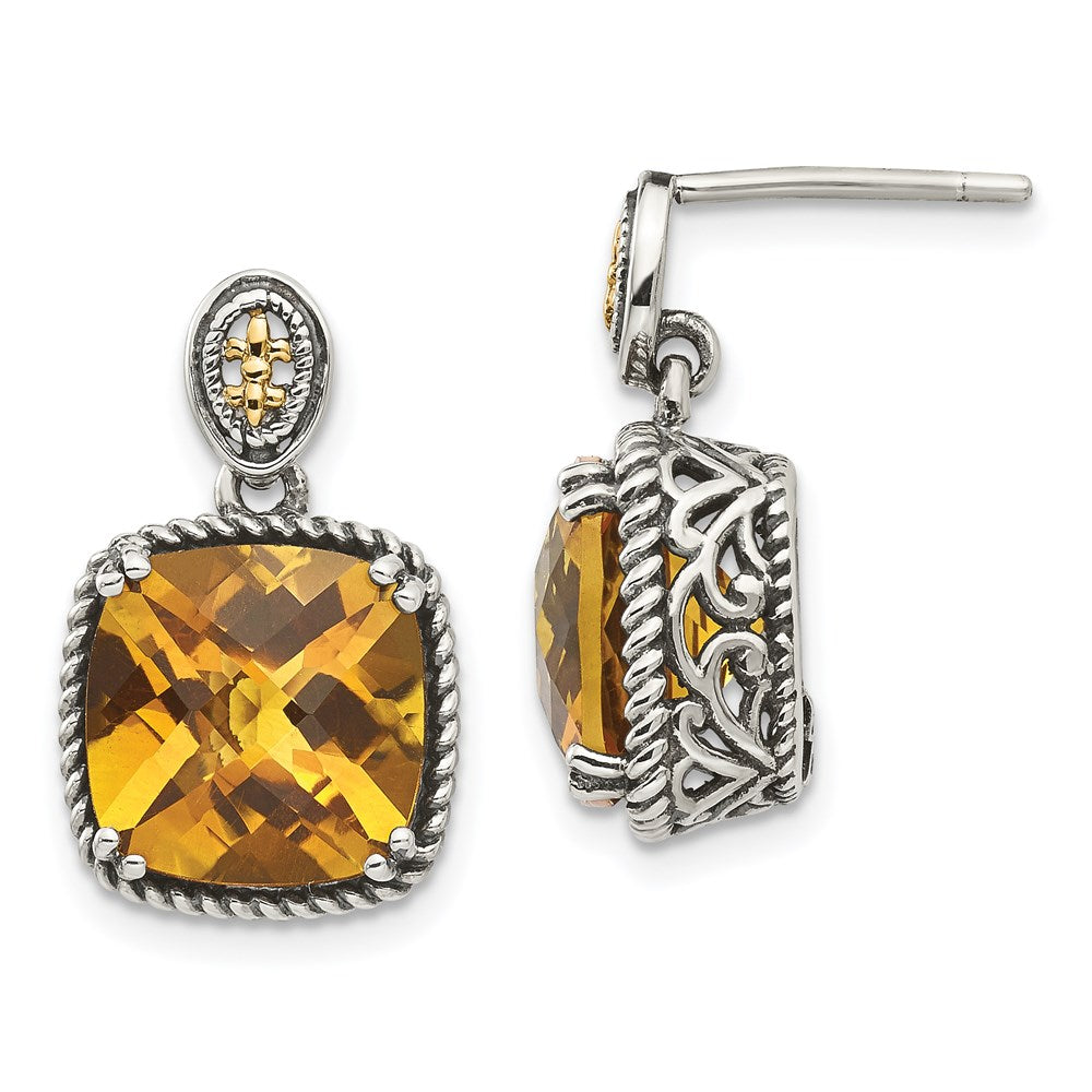 Shey Couture Sterling Silver with 14K Accent Antiqued Cushion Citrine Dangle Post Earrings, 7.2 ct, 28 x 15 mm