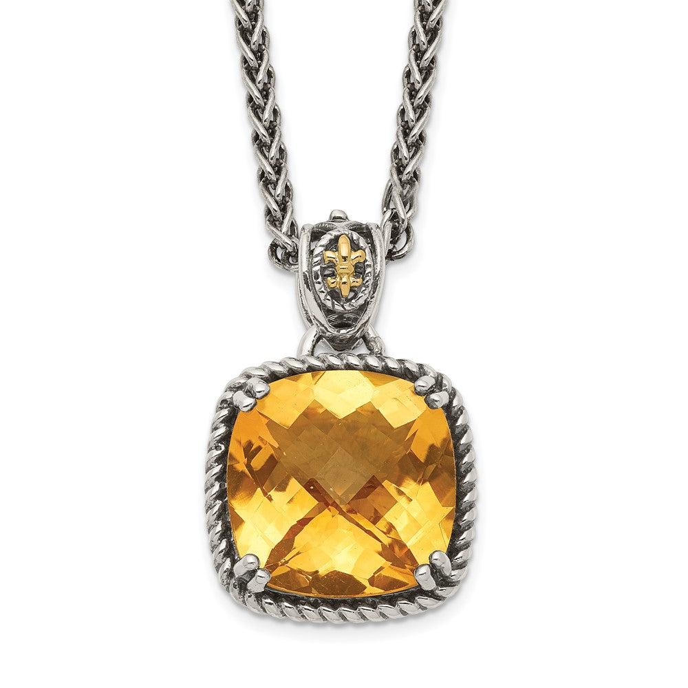 Shey Couture Sterling Silver with 14K Accent 18 Inch Antiqued Checkerboard Cushion Citrine Necklace, 6.5 ct, 18 x 15 mm