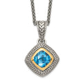 Shey Couture Sterling Silver with 14K Accent 18 Inch Antiqued Cushion Bezel Sky Blue Topaz Necklace, 3 ct, 18 mm