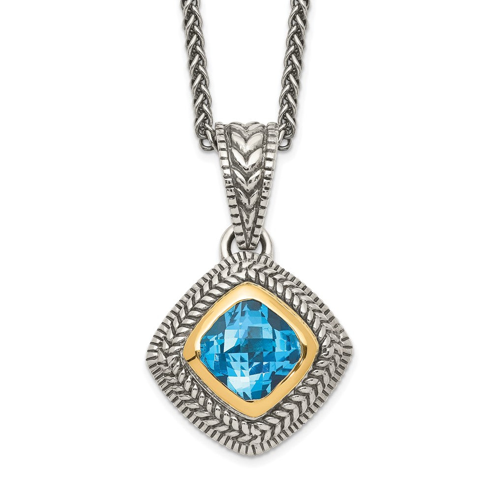 Shey Couture Sterling Silver with 14K Accent 18 Inch Antiqued Cushion Bezel Sky Blue Topaz Necklace, 3 ct, 18 mm