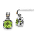 Shey Couture Sterling Silver with 14K Accent Antiqued Cushion Peridot Dangle Post Earrings, 2.4 ct, 14 x 12 mm
