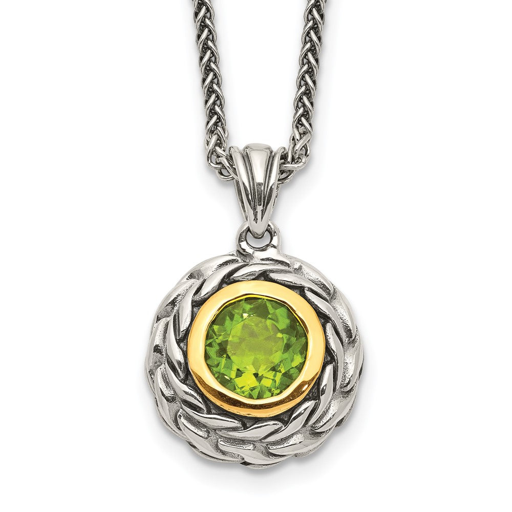 Shey Couture Sterling Silver with 14K Accent 18 Inch Antiqued Round Bezel Peridot Necklace, 2 ct, 18 mm
