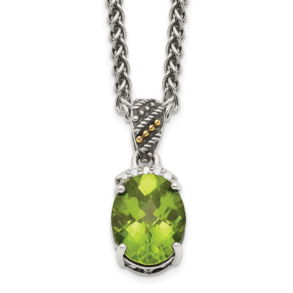 Shey Couture Sterling Silver with 14K Accent 18 Inch Antiqued Oval Peridot and Diamond Necklace, 2.28 ct, 18 mm