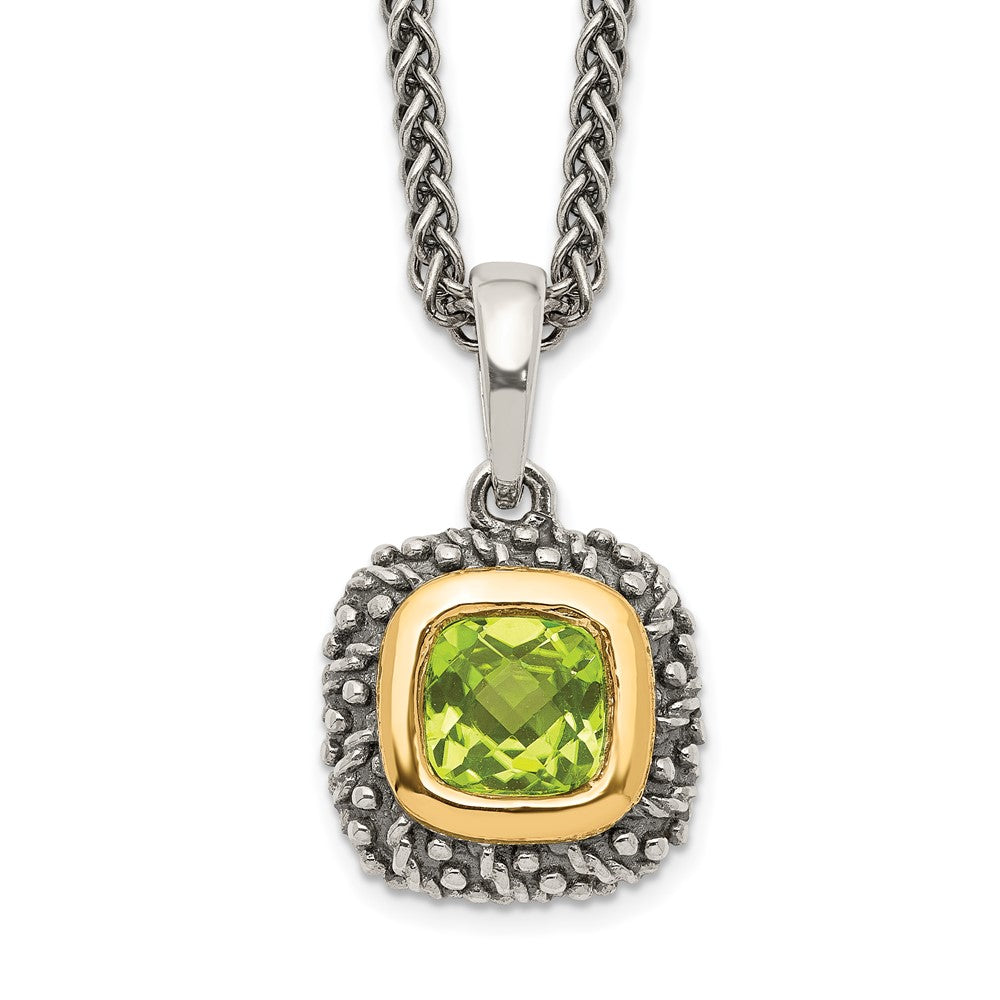 Shey Couture Sterling Silver with 14K Accent 18 Inch Antiqued Cushion Bezel Peridot Necklace, 1.2 ct, 18 x 13 mm