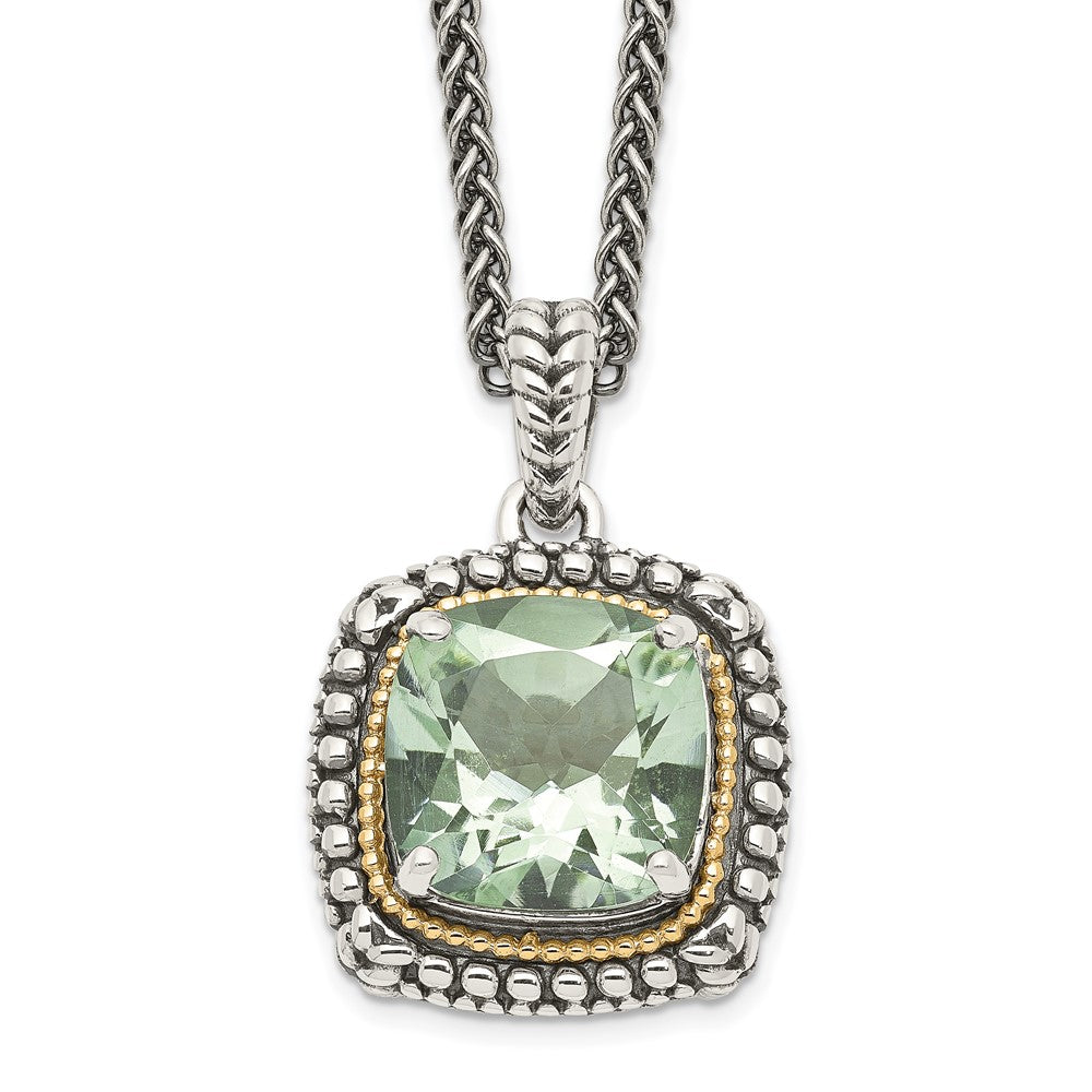 Shey Couture Sterling Silver with 14K Accent 18 Inch Antiqued Cushion Green Quartz Necklace, 18 mm, 4.3 g