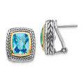 Shey Couture Sterling Silver with 14K Accent Antiqued Cushion Bezel Swiss Blue Topaz Omega Back Earrings, 6.84 ct, 17 x 15 mm