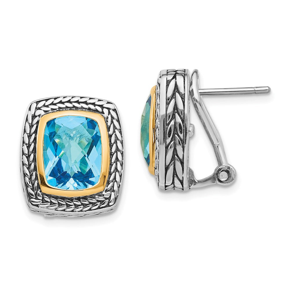 Shey Couture Sterling Silver with 14K Accent Antiqued Cushion Bezel Swiss Blue Topaz Omega Back Earrings, 6.84 ct, 17 x 15 mm
