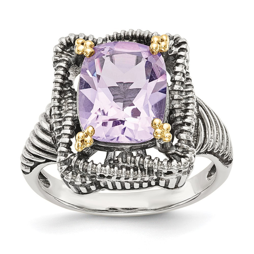 Shey Couture Sterling Silver with 14K Accent Antiqued Cushion Pink Quartz Ring, 2.52 ct, Size 6