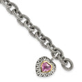 Shey Couture Sterling Silver with 14K Accent 7.5 Inch Antiqued Heart Bezel Created Pink Sapphire Heart Charm Bracelet, 1.8 ct, 7.5 x 8 mm