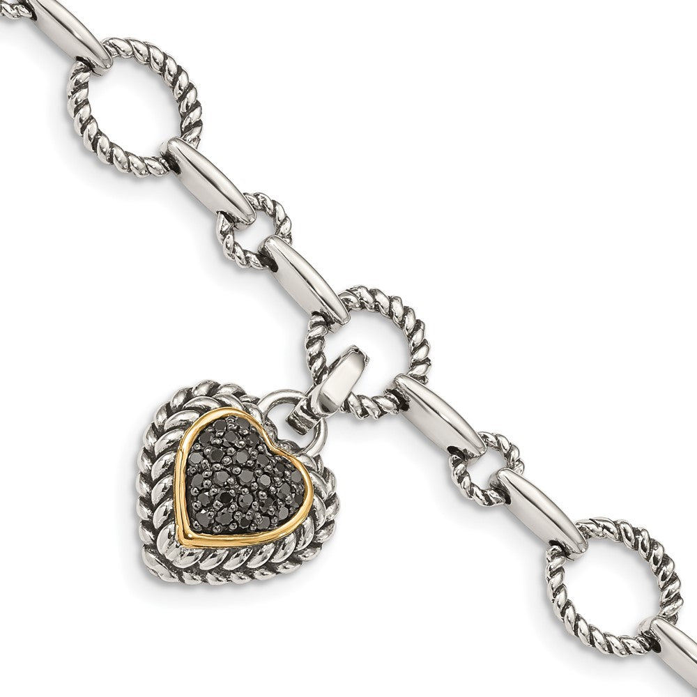 Shey Couture Sterling Silver with 14K Accent 8 Inch Antiqued Black Diamond Heart Link Bracelet, 0.26 ct, 8 x 14.5 mm