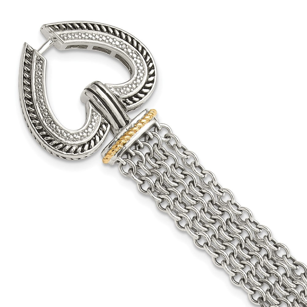 Shey Couture Sterling Silver with 14K Accent 7.75 Inch Antiqued Diamond Heart Bracelet, 0.01 ct, 7.75 x 12 mm