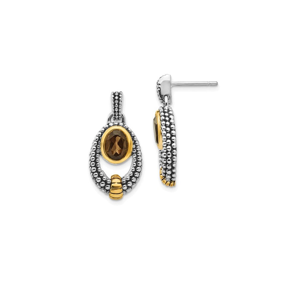 Shey Couture Sterling Silver Gold-tone Flash Gold-plated Antiqued Oval Bezel Smoky Quartz Post Dangle Earrings, 1.52 ct, 23 x 12 mm