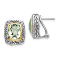 Shey Couture Sterling Silver with 14K Accent Antiqued Cushion Bezel Green Quartz Omega Back Earrings, 5.04 ct, 15 x 13 mm