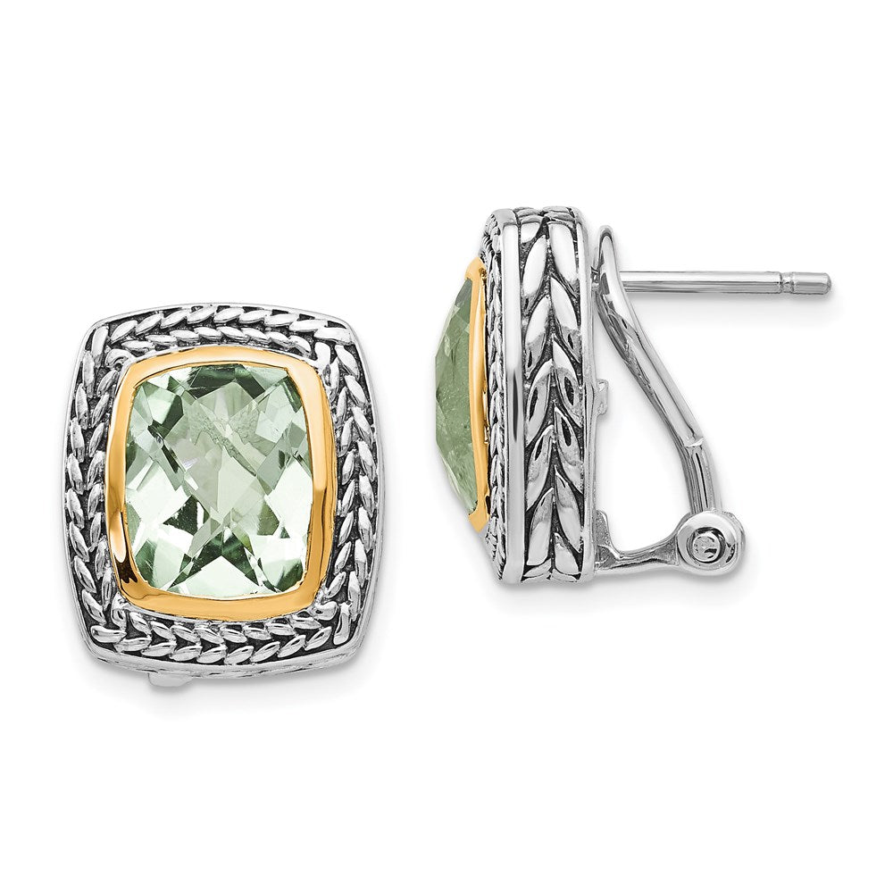 Shey Couture Sterling Silver with 14K Accent Antiqued Cushion Bezel Green Quartz Omega Back Earrings, 5.04 ct, 15 x 13 mm