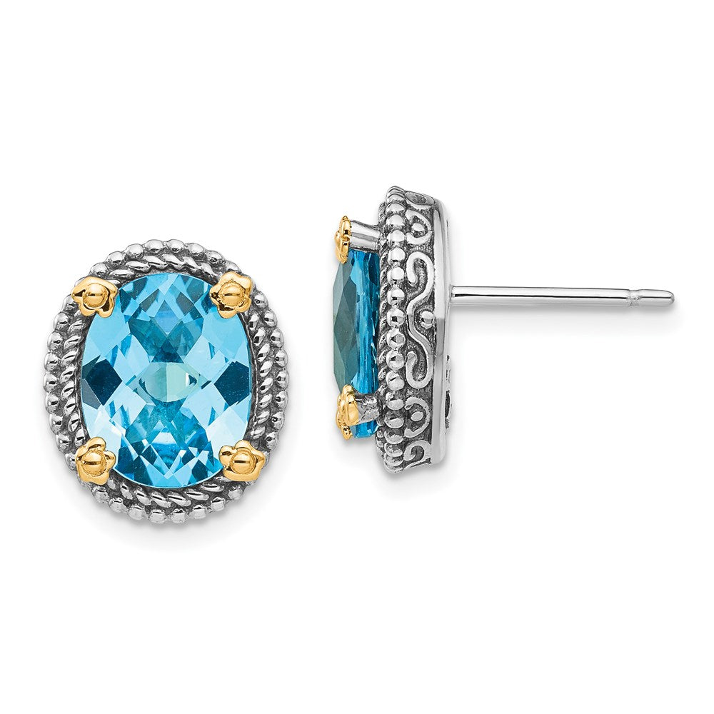 Shey Couture Sterling Silver with 14K Accent Antiqued Oval Swiss Blue Topaz Post Earrings, 5.76 ct, 10 x 10 mm