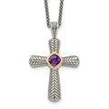 Shey Couture Sterling Silver with 14K Accent 18 Inch Antiqued Cushion Bezel Amethyst Cross Necklace, 0.7 ct, 18 x 26 mm