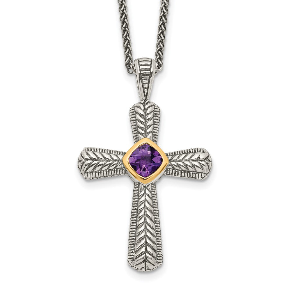 Shey Couture Sterling Silver with 14K Accent 18 Inch Antiqued Cushion Bezel Amethyst Cross Necklace, 0.7 ct, 18 x 26 mm