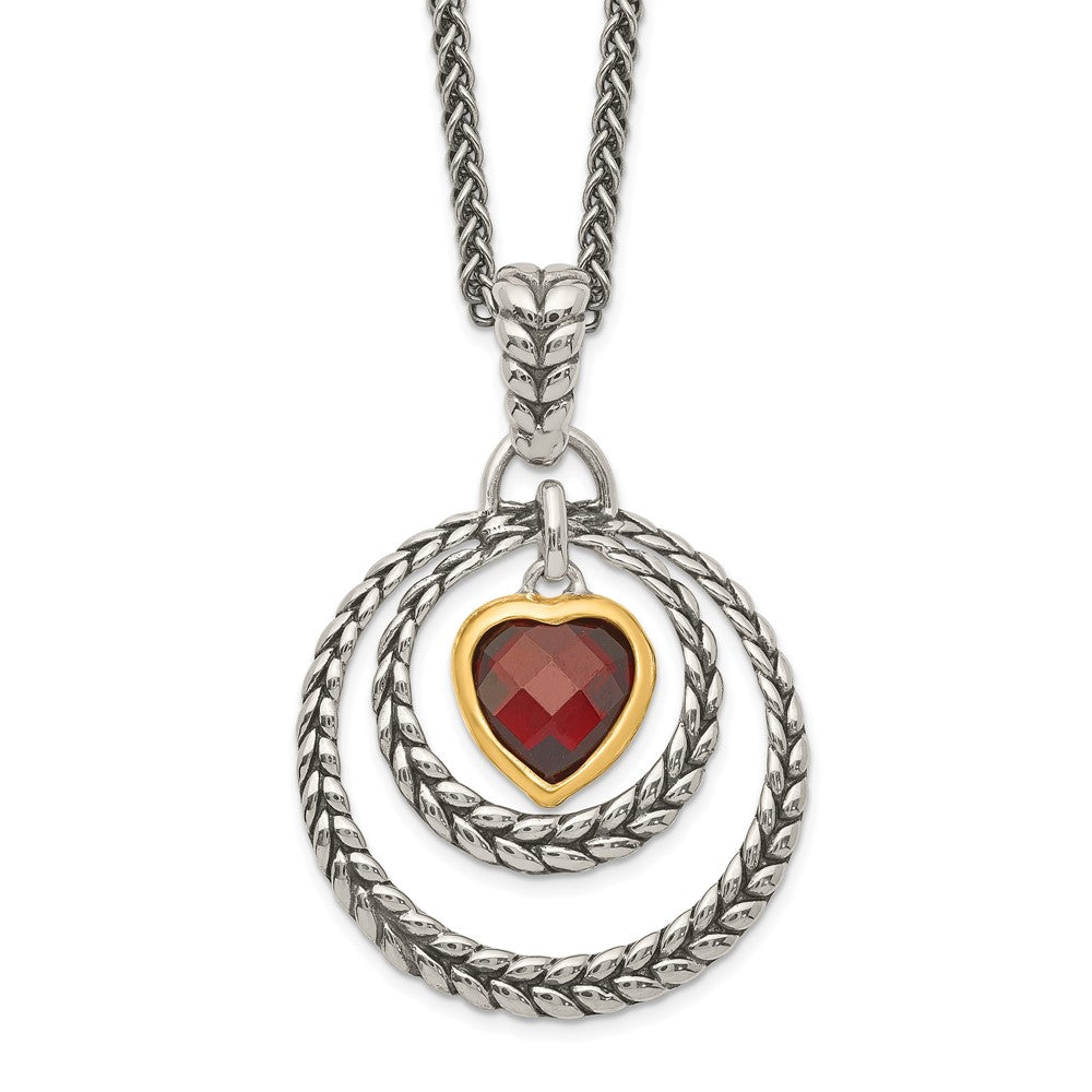 Shey Couture Sterling Silver Gold-tone Flash Gold-plated 18 Inch Antiqued Checkerboard Garnet Heart Necklace, 1.67 ct, 18 x 21 mm