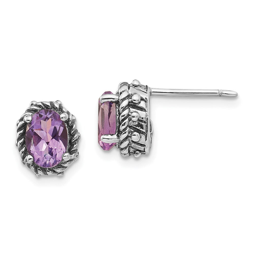 Shey Couture Sterling Silver Antiqued Oval Amethyst Post Earrings, 1.5 ct, 10 x 8 mm