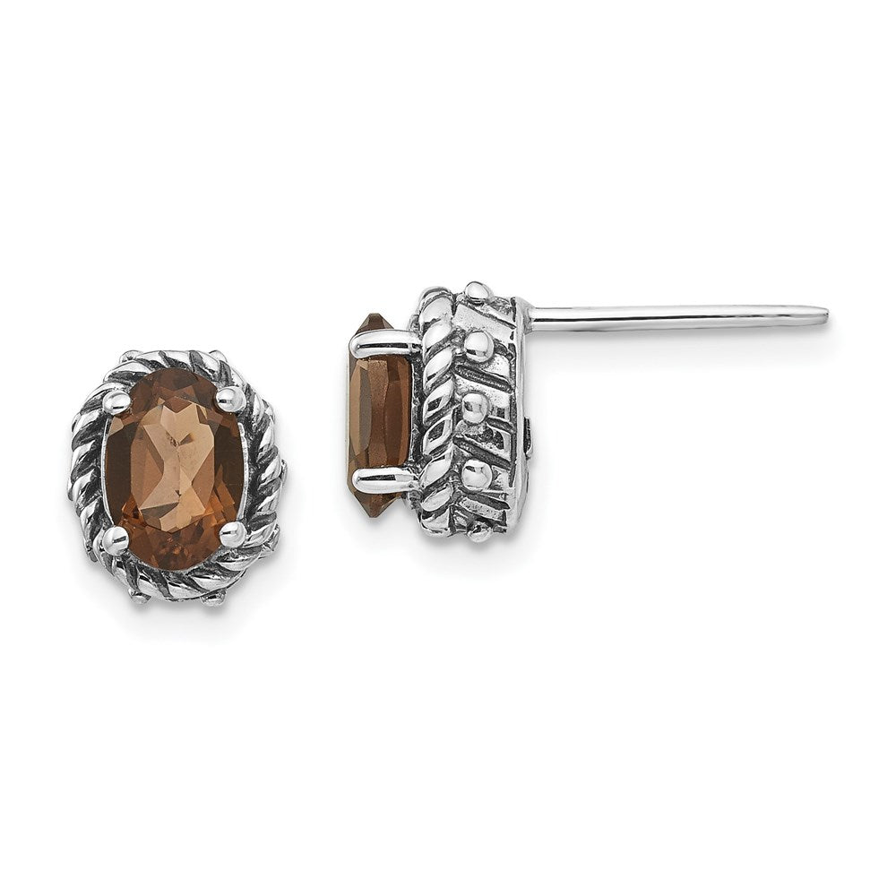 Shey Couture Sterling Silver Antiqued Oval Smoky Quartz Post Earrings, 1.5 ct, 8 x 10 mm