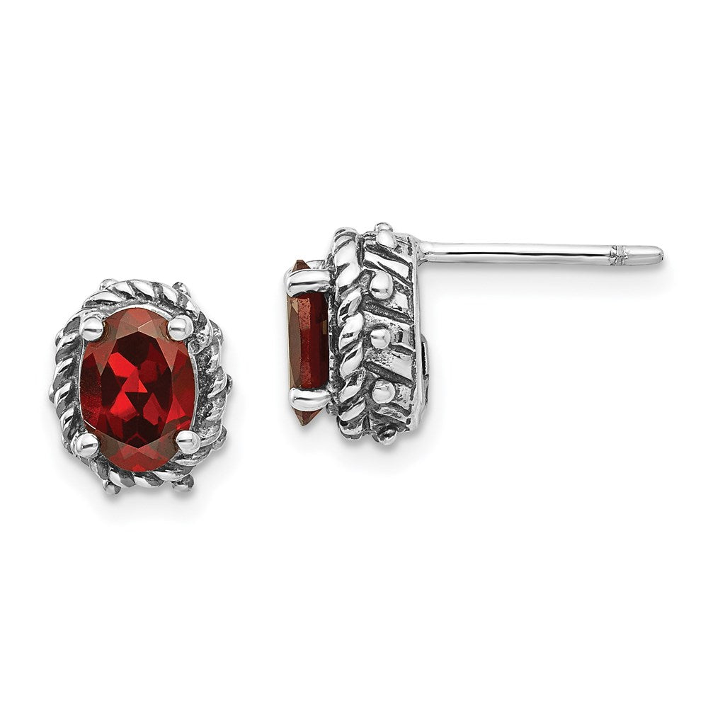 Shey Couture Sterling Silver Antiqued Oval Garnet Post Earrings, 2.1 ct, 10 x 8 mm