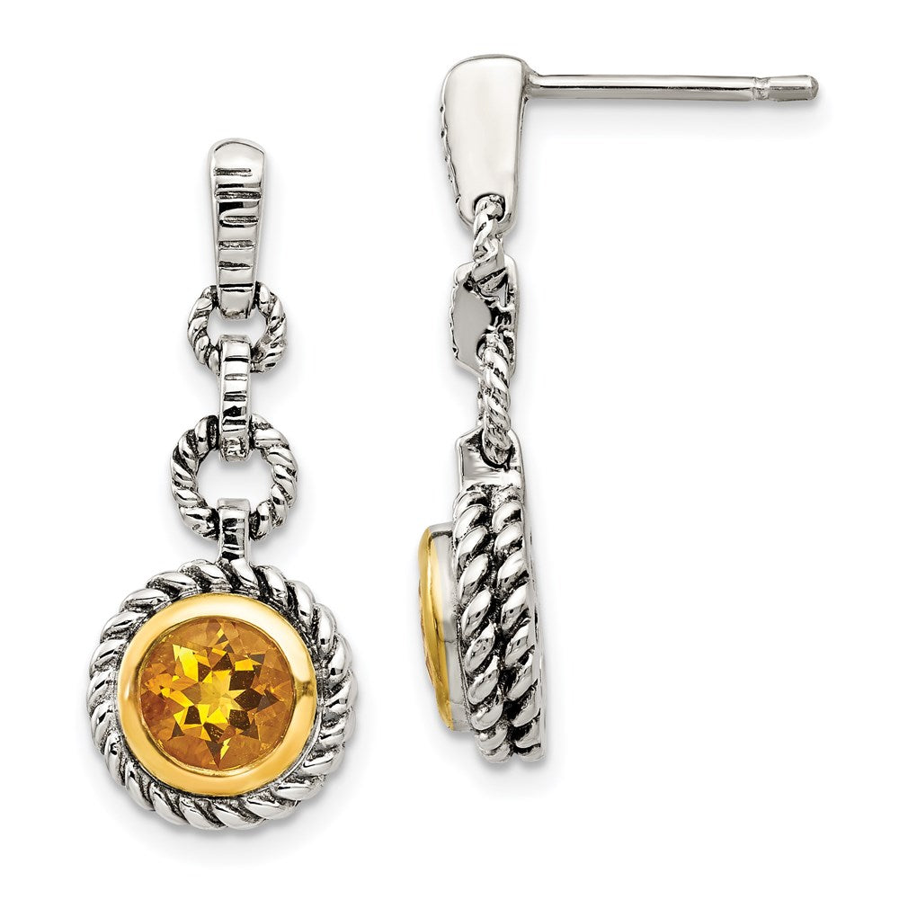 Shey Couture Sterling Silver Gold-tone Flash Gold-plated Antiqued Round Bezel Citrine Post Dangle Earrings, 1.5 ct, 23 x 10 mm