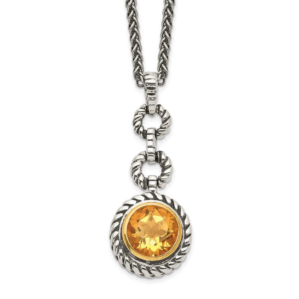 Shey Couture Sterling Silver Gold-tone Flash Gold-plated 18 Inch Antiqued Round Bezel Citrine Necklace, 2 ct, 18 x 13 mm