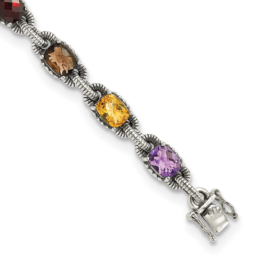 Shey Couture Sterling Silver 7.25 Inch Antiqued Cushion .86Amethyst/.86Citrine/1.10Garnet/.55Peridot/.86Smoky Quartz Bracelet, 12.69 ct, 7.25 x 10 mm