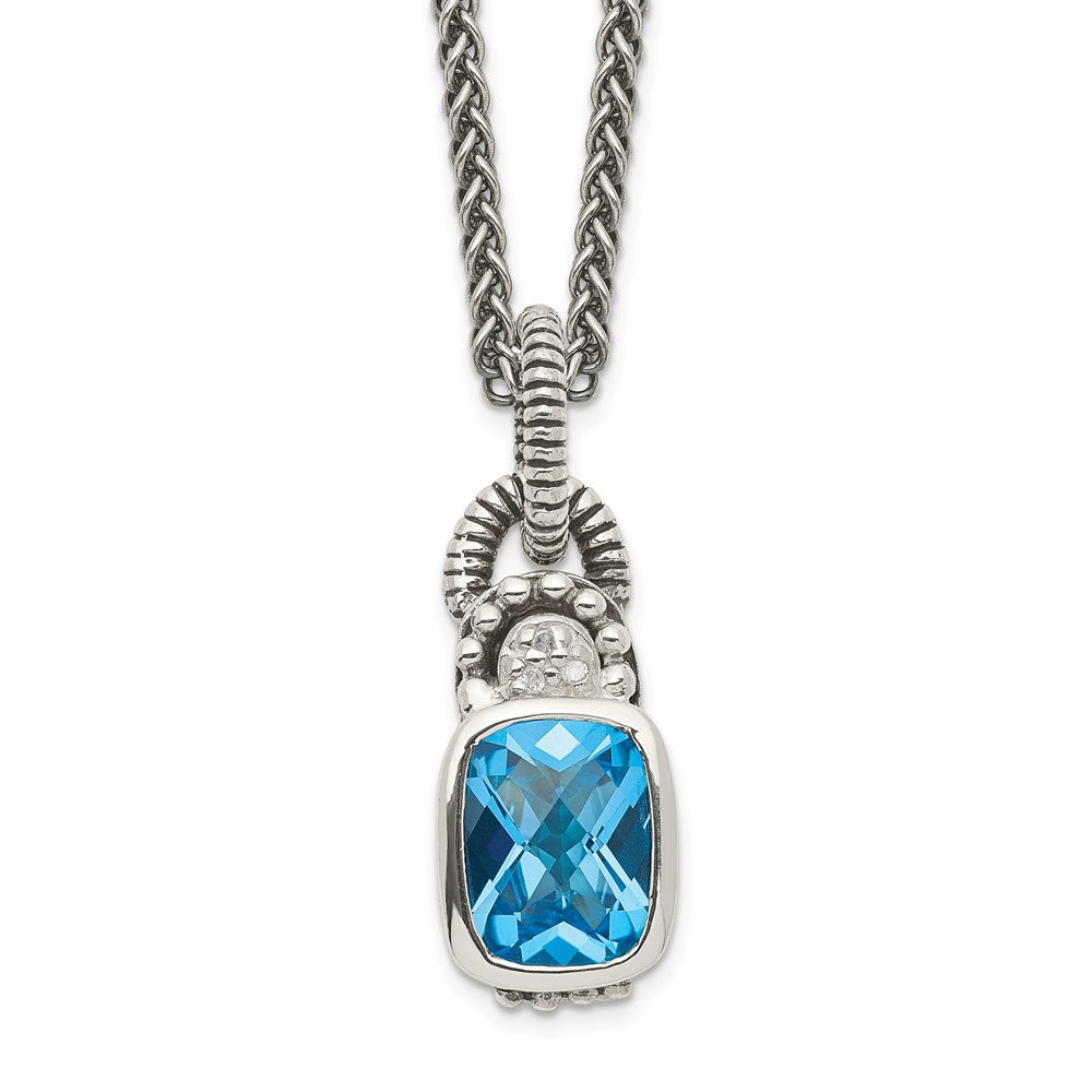 Shey Couture Sterling Silver 18 Inch Antiqued Cushion Bezel Sky Blue Topaz and Diamond Necklace, 2.715 ct, 18 mm