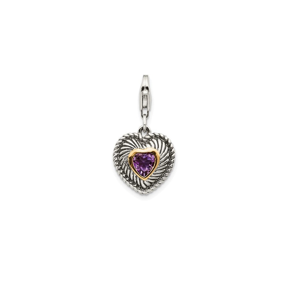 Shey Couture Sterling Silver with 14K Accent Antiqued Amethyst Antiqued Heart with Lobster Clasp Charm, 0.4 ct, 33 x 13 mm