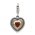 Shey Couture Sterling Silver with 14K Accent Antiqued Heart Shaped Garnet with Lobster Clasp Heart Charm, 0.45 ct, 33 x 13 mm