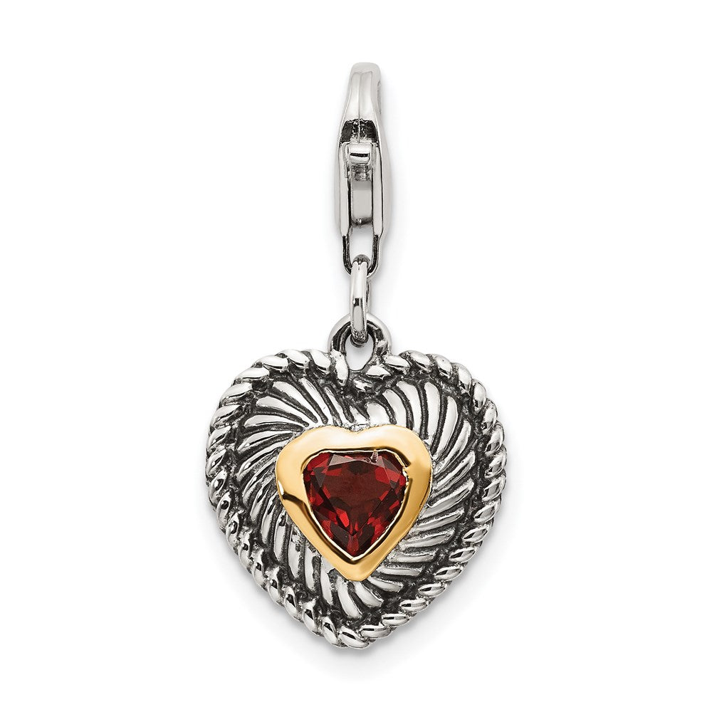 Shey Couture Sterling Silver with 14K Accent Antiqued Heart Shaped Garnet with Lobster Clasp Heart Charm, 0.45 ct, 33 x 13 mm