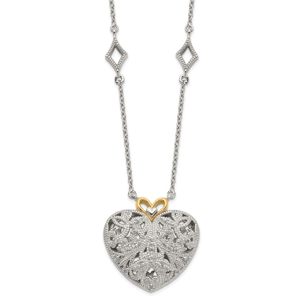 Shey Couture Sterling Silver Rhodium-plated with 14K Accent 18 Inch Diamond Vintage Heart Necklace, 0.1 ct, 18 x 22 mm