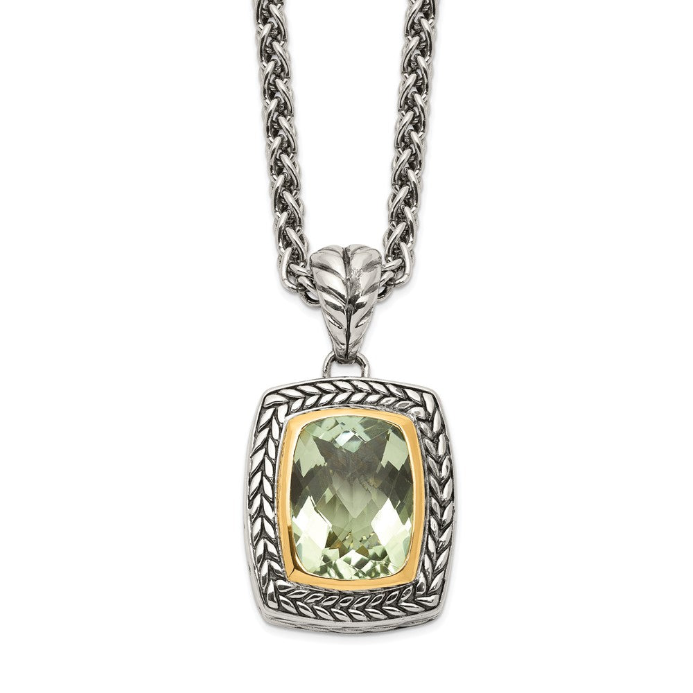 Shey Couture Sterling Silver with 14K Accent 18 Inch Antiqued Cushion Bezel Green Quartz Necklace, 9.73 ct, 20 x 20 mm