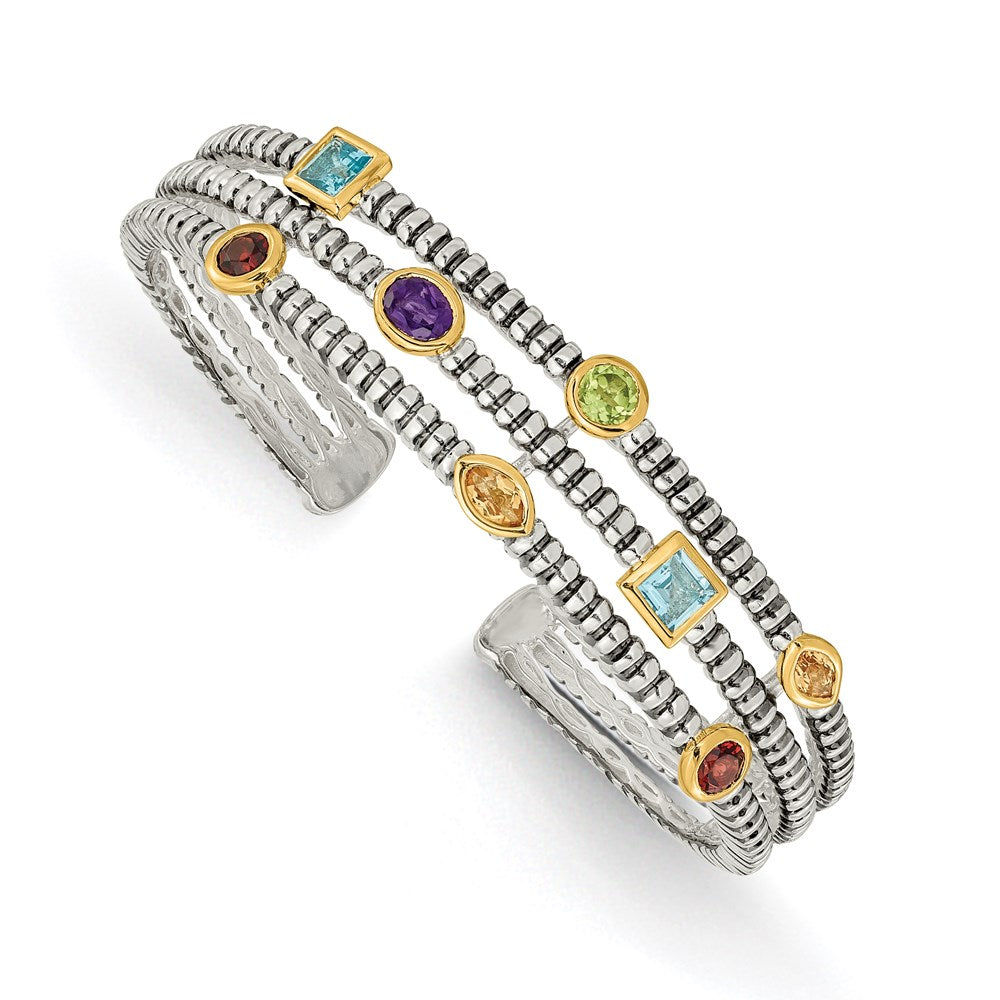 Shey Couture Sterling Silver with 14K Accent Antiqued Bezel .36Amethyst/.55Blue Topaz/.18Citrine/.35Garnet/.30Peridot Cuff Bracelet, 1.32 ct, 14 mm