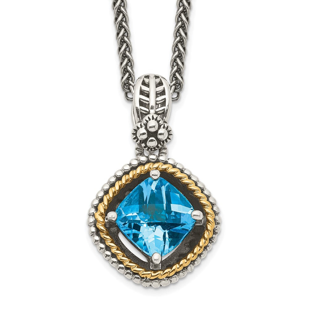 Shey Couture Sterling Silver with 14K Accent 18 Inch Antiqued Cushion Swiss Blue Topaz Necklace, 2.86 ct, 18 mm