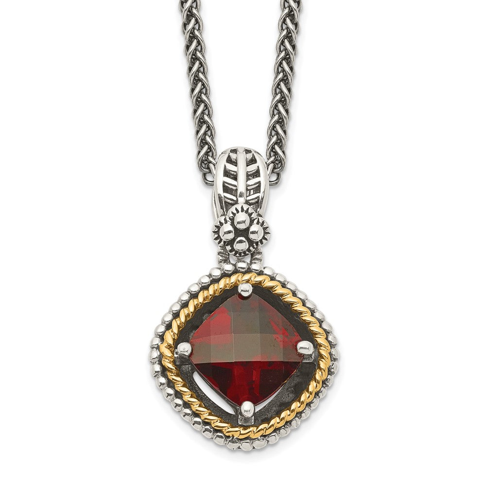 Shey Couture Sterling Silver with 14K Accent 18 Inch Antiqued Checkerboard Cushion Garnet Necklace, 2.38 ct, 18 mm