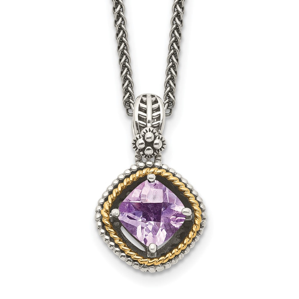 Shey Couture Sterling Silver with 14K Accent 18 Inch Antiqued Cushion Pink Quartz Necklace, 2.1 ct, 18 mm