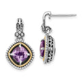 Shey Couture Sterling Silver with 14K Accent Antiqued Cushion Amethyst Post Dangle Earrings, 1.71 ct, 20 x 12 mm