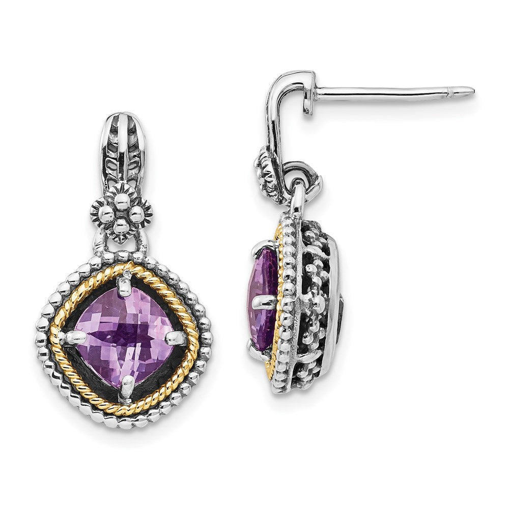 Shey Couture Sterling Silver with 14K Accent Antiqued Cushion Amethyst Post Dangle Earrings, 1.71 ct, 20 x 12 mm