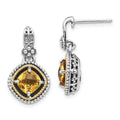 Shey Couture Sterling Silver with 14K Accent Antiqued Cushion Citrine Dangle Post Earrings, 1.71 ct, 14 x 12 mm